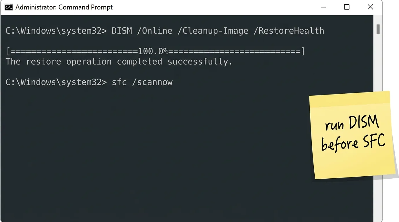 Command Prompt window with the DISM RestoreHealth command running at 100 percent