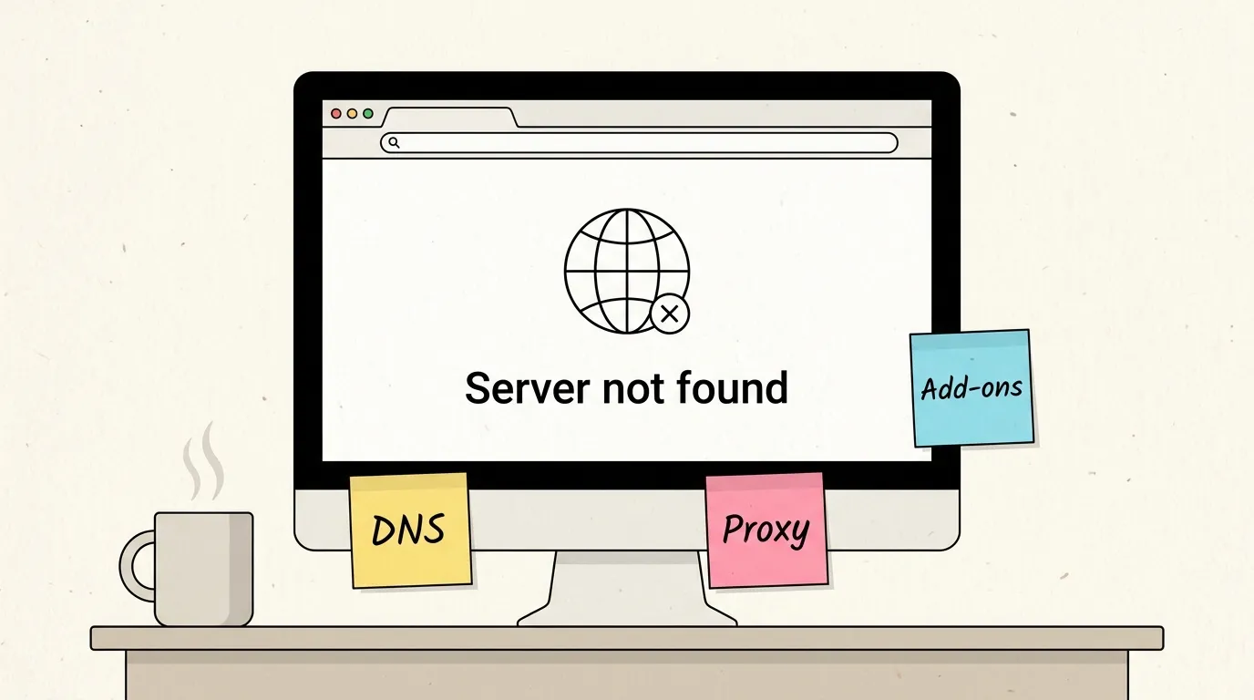 Monitor showing a browser error page that reads Server not found, with sticky notes labeled DNS, Proxy and Add-ons