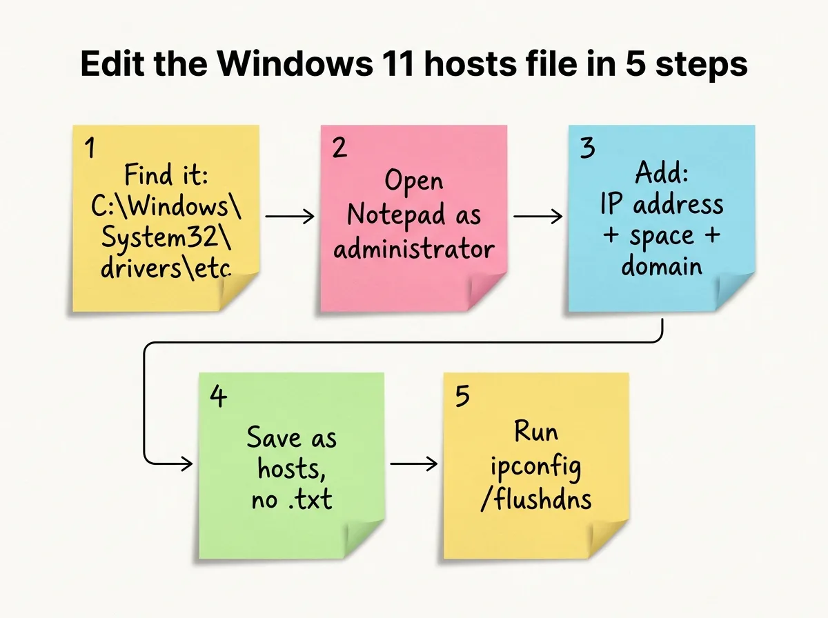 Infographic: five steps to edit the Windows 11 hosts file, from the file location to flushing DNS