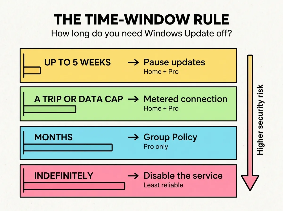 Infographic showing the time-window rule for stopping Windows Update, from pausing to disabling the service