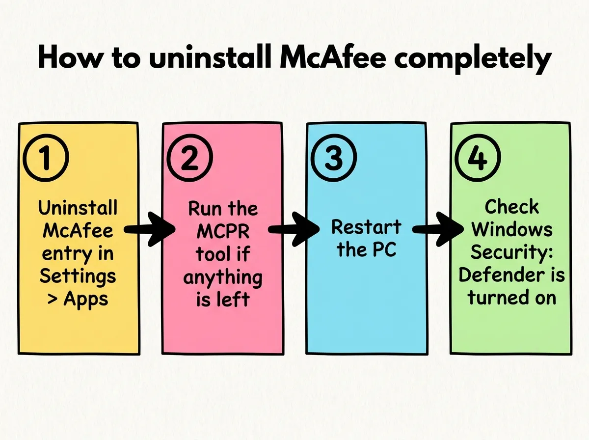 Infographic with four steps to uninstall McAfee: uninstall in Settings, run MCPR, restart, confirm Defender is on