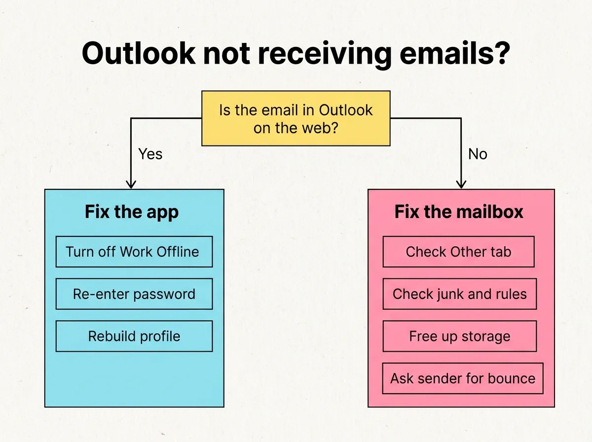 Infographic: decision flow for Outlook not receiving emails, from checking Outlook on the web to profile fixes