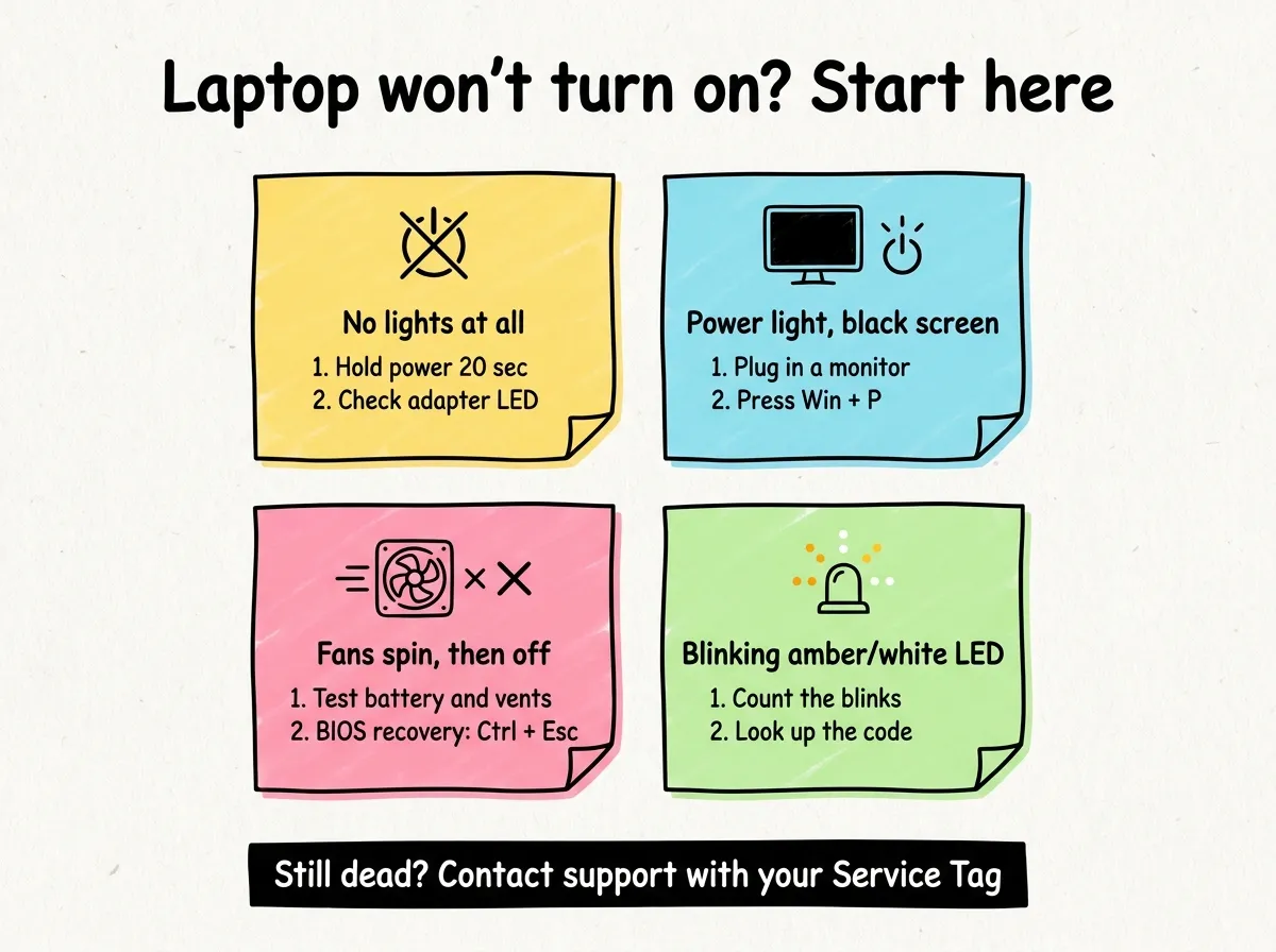 Infographic flowchart for a Dell laptop that won't turn on, sorted by symptom