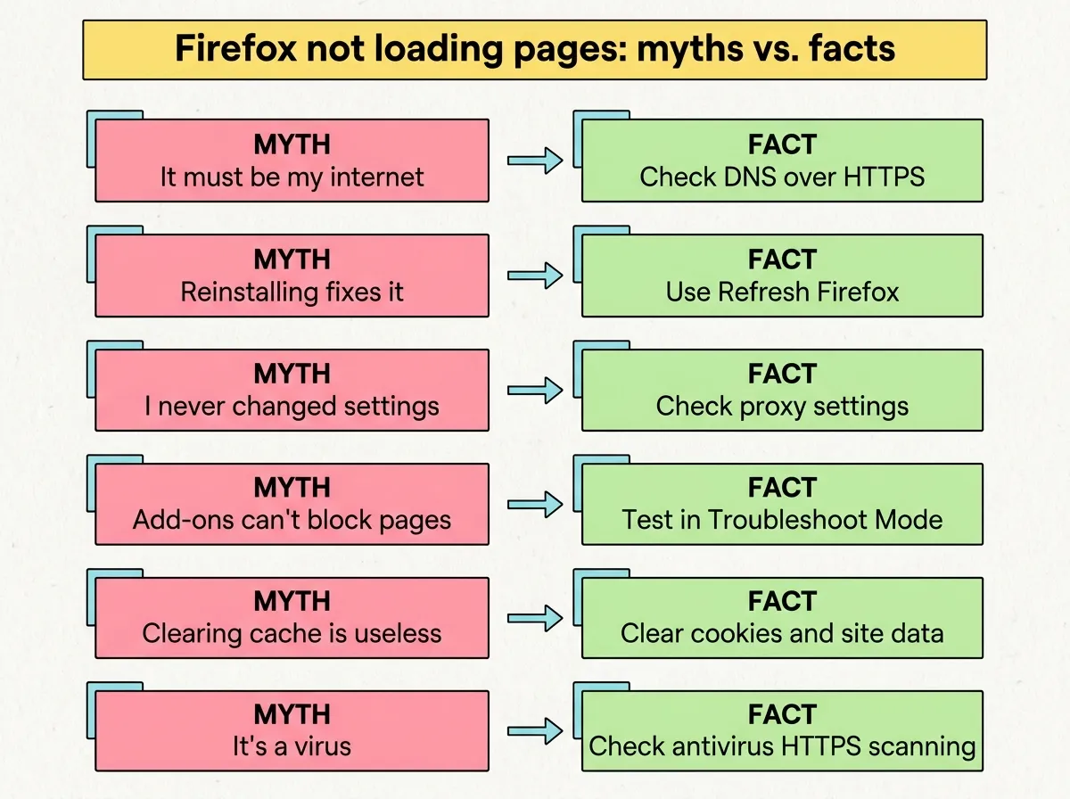 Infographic: six myths about Firefox not loading pages next to the real cause and fix for each