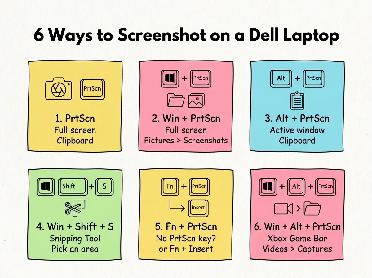 Infographic showing six ways to take a screenshot on a Dell laptop with their keyboard shortcuts and save locations