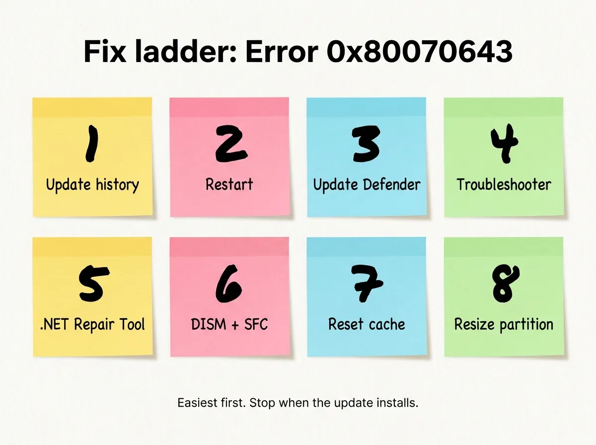 Fix ladder infographic for error 0x80070643 from restart to recovery partition