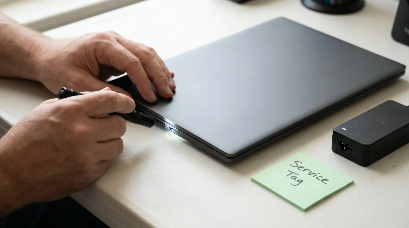Hands checking a laptop charging port next to a pastel sticky note reading "Service Tag"