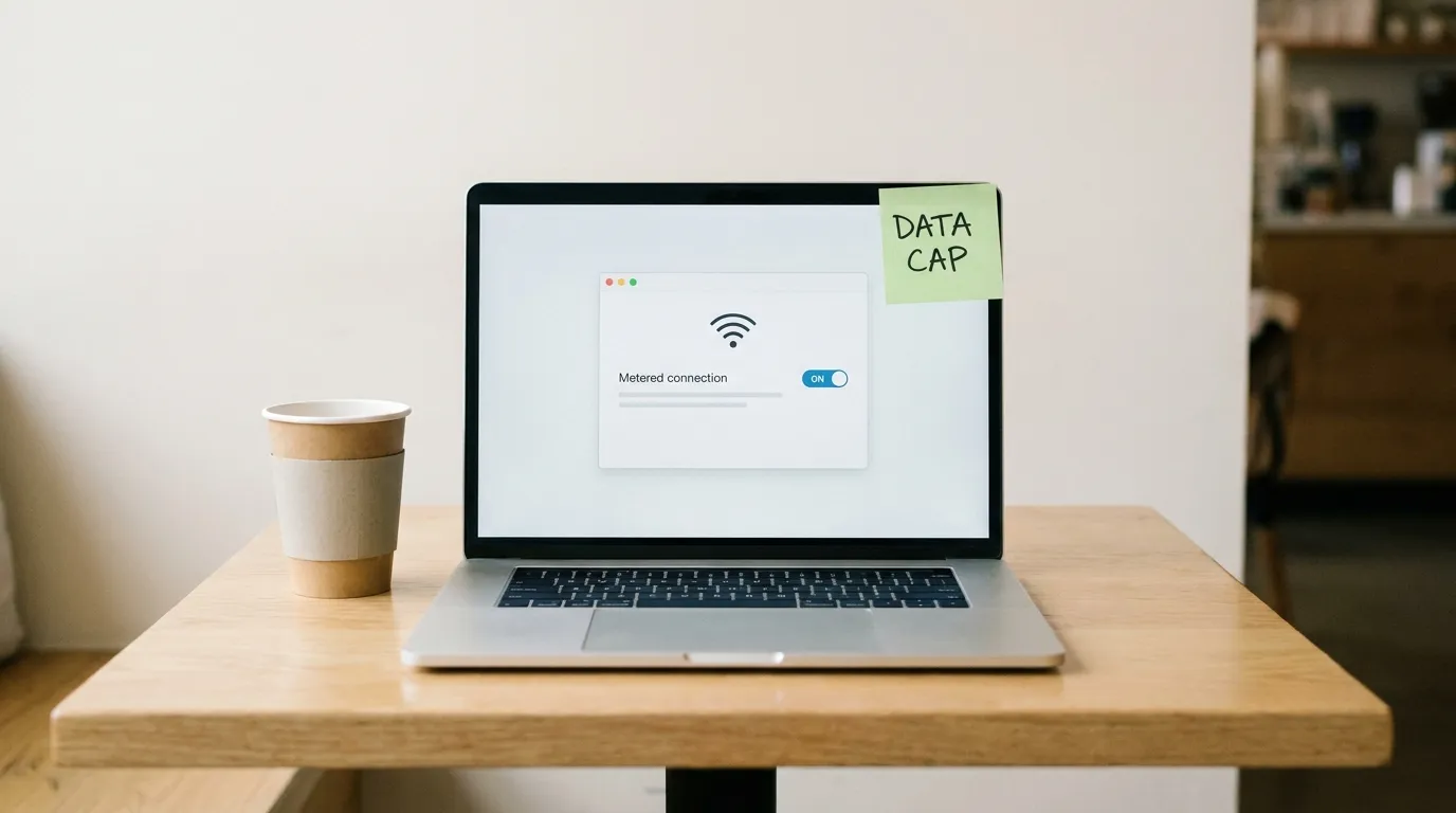 A laptop on a cafe table showing a Wi-Fi network set to metered connection, with a sticky note reading data cap