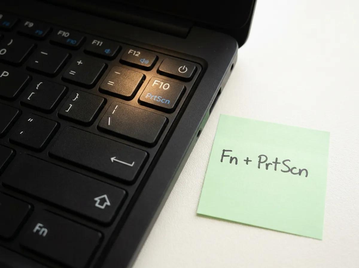 Close-up of a laptop keyboard function row with a highlighted PrtScn label on a shared key and a sticky note reading Fn + PrtScn