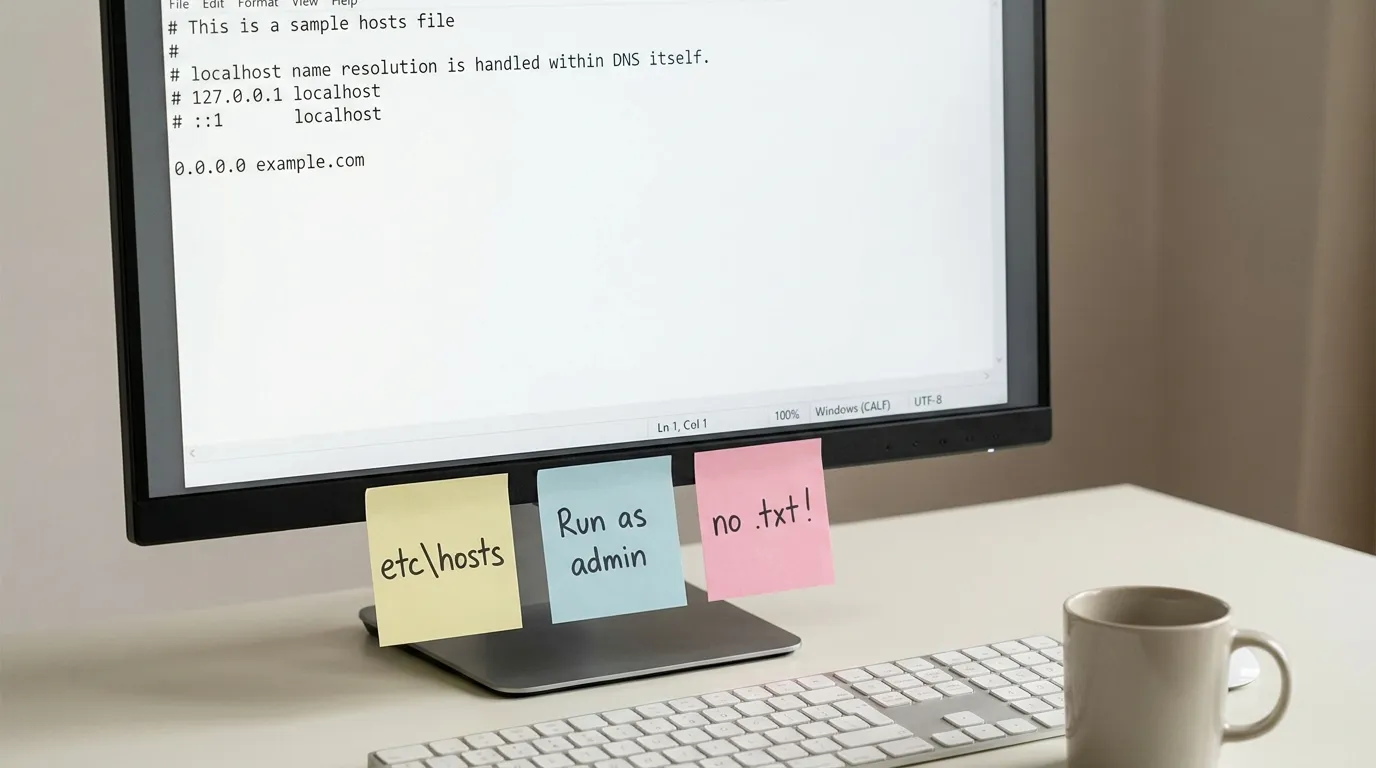 A monitor showing the Windows hosts file open in Notepad, with pastel sticky notes on the black bezel