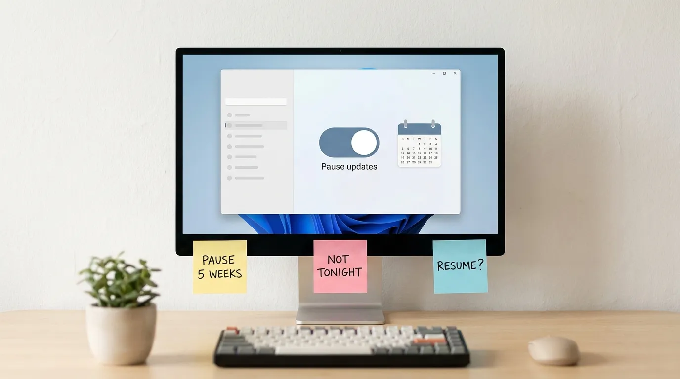 A desktop monitor with a Windows Update pause screen and pastel sticky notes on the bezel