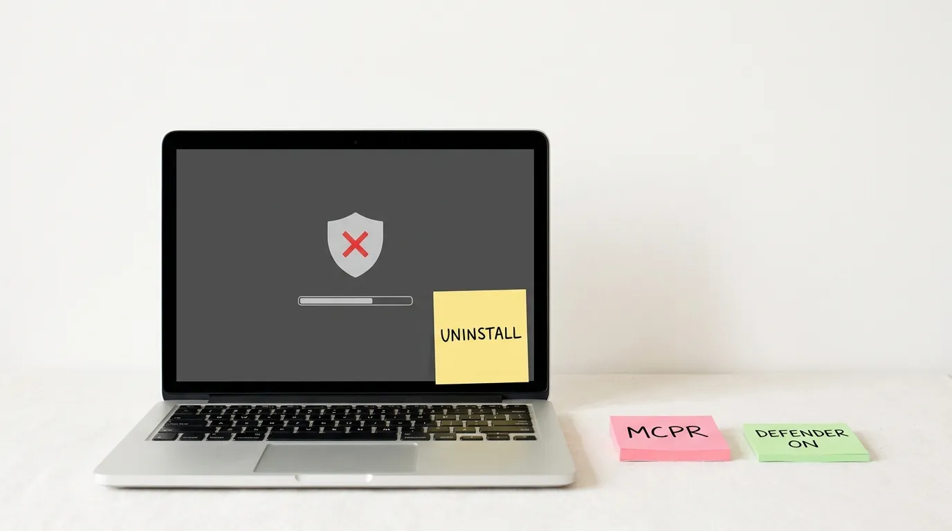 Laptop on an off-white desk with pastel sticky notes reading uninstall, MCPR and Defender on