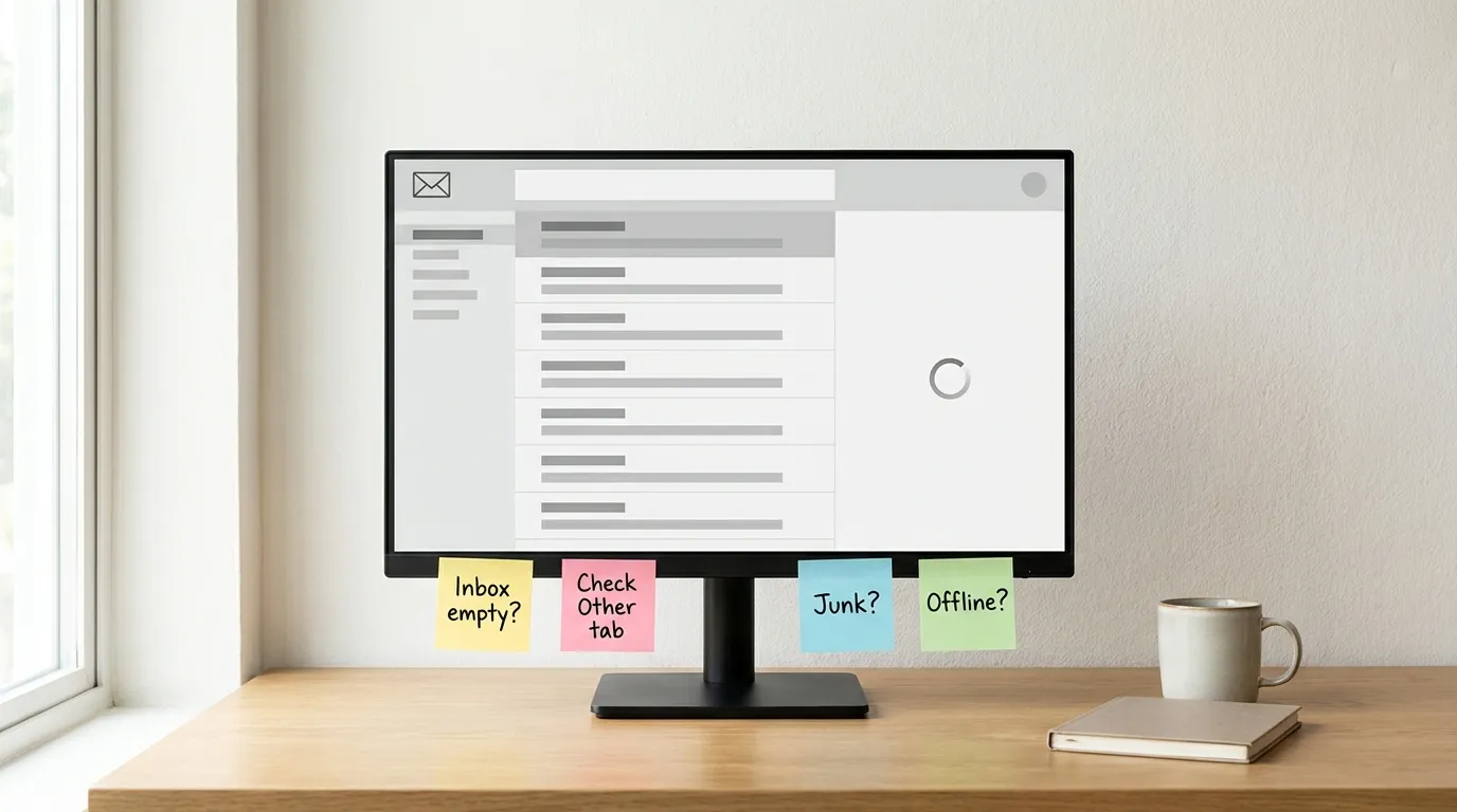 A desktop monitor showing an empty email inbox, with pastel sticky notes on the black bezel