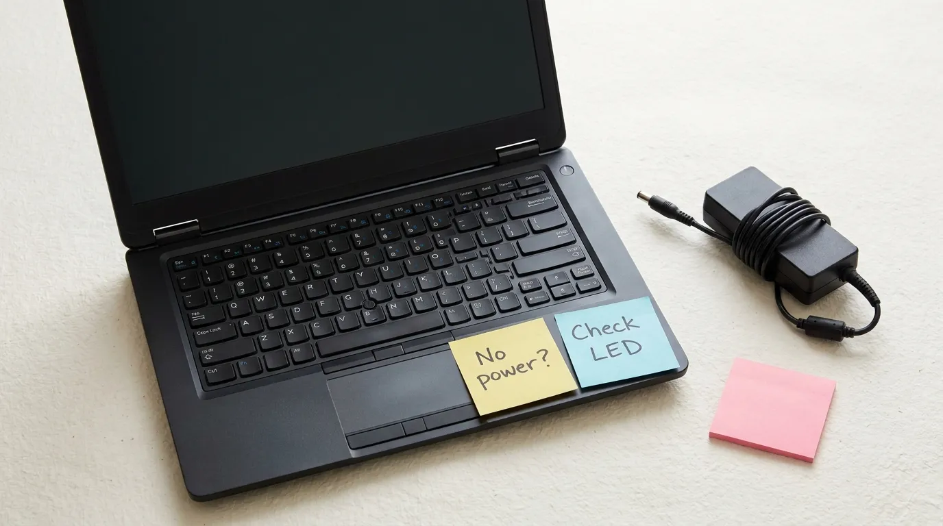 Laptop with a black screen on a desk, sticky notes reading "No power?" and "Check LED"