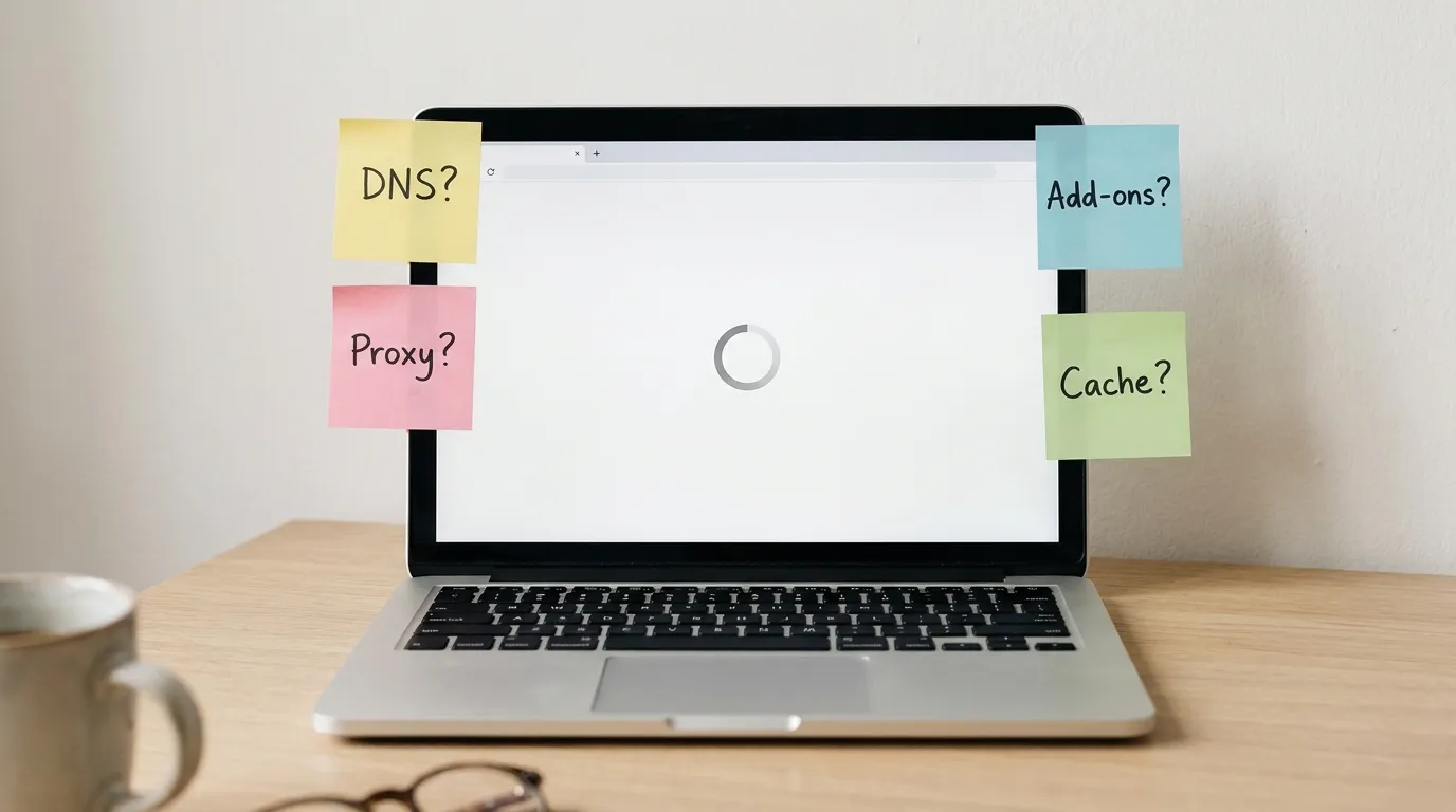 Laptop with a browser stuck on a loading spinner, sticky notes on the screen asking DNS, proxy, add-ons or cache