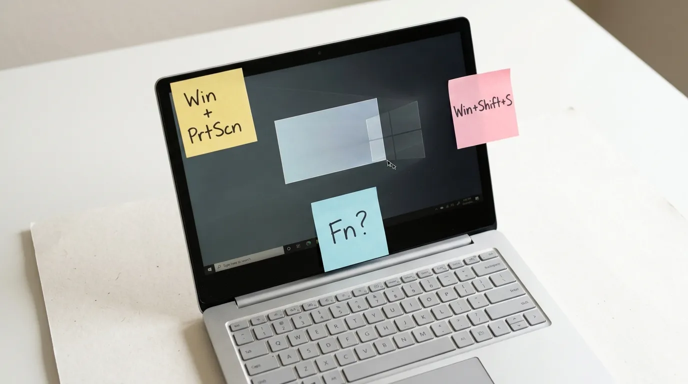 A laptop on a desk showing a screen capture overlay, with pastel sticky notes listing screenshot shortcuts