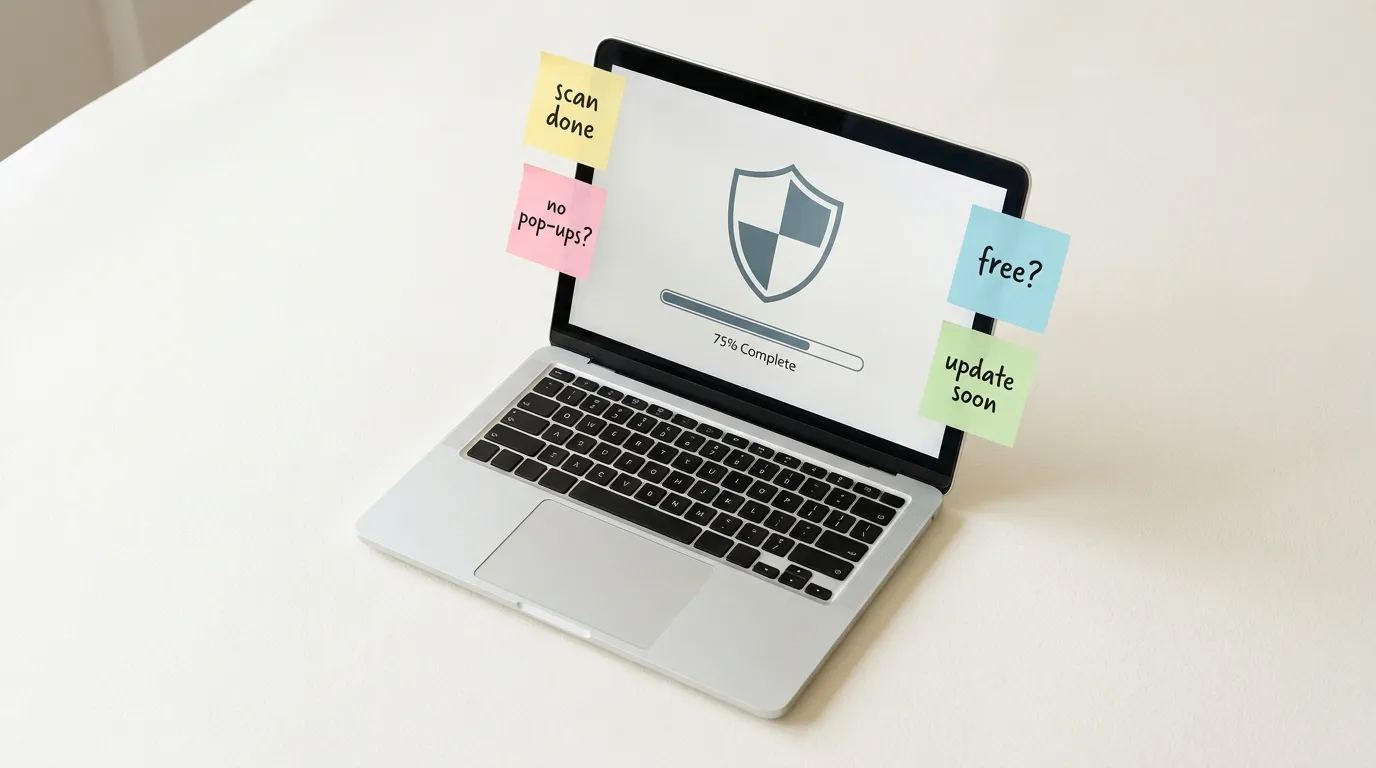 Laptop on an off-white desk showing a security scan, with pastel sticky notes on the monitor bezel