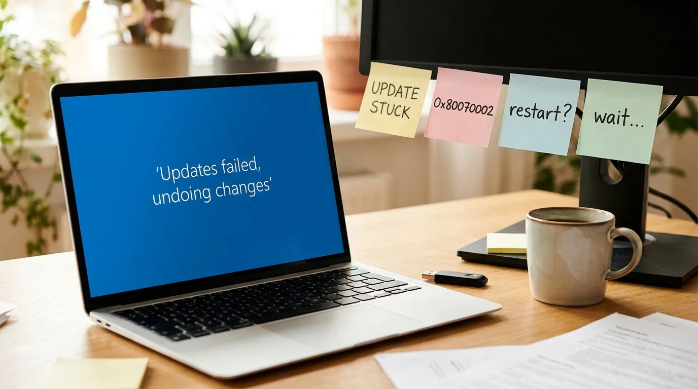 A laptop showing a failed Windows Update screen on a desk, with sticky notes on the monitor bezel