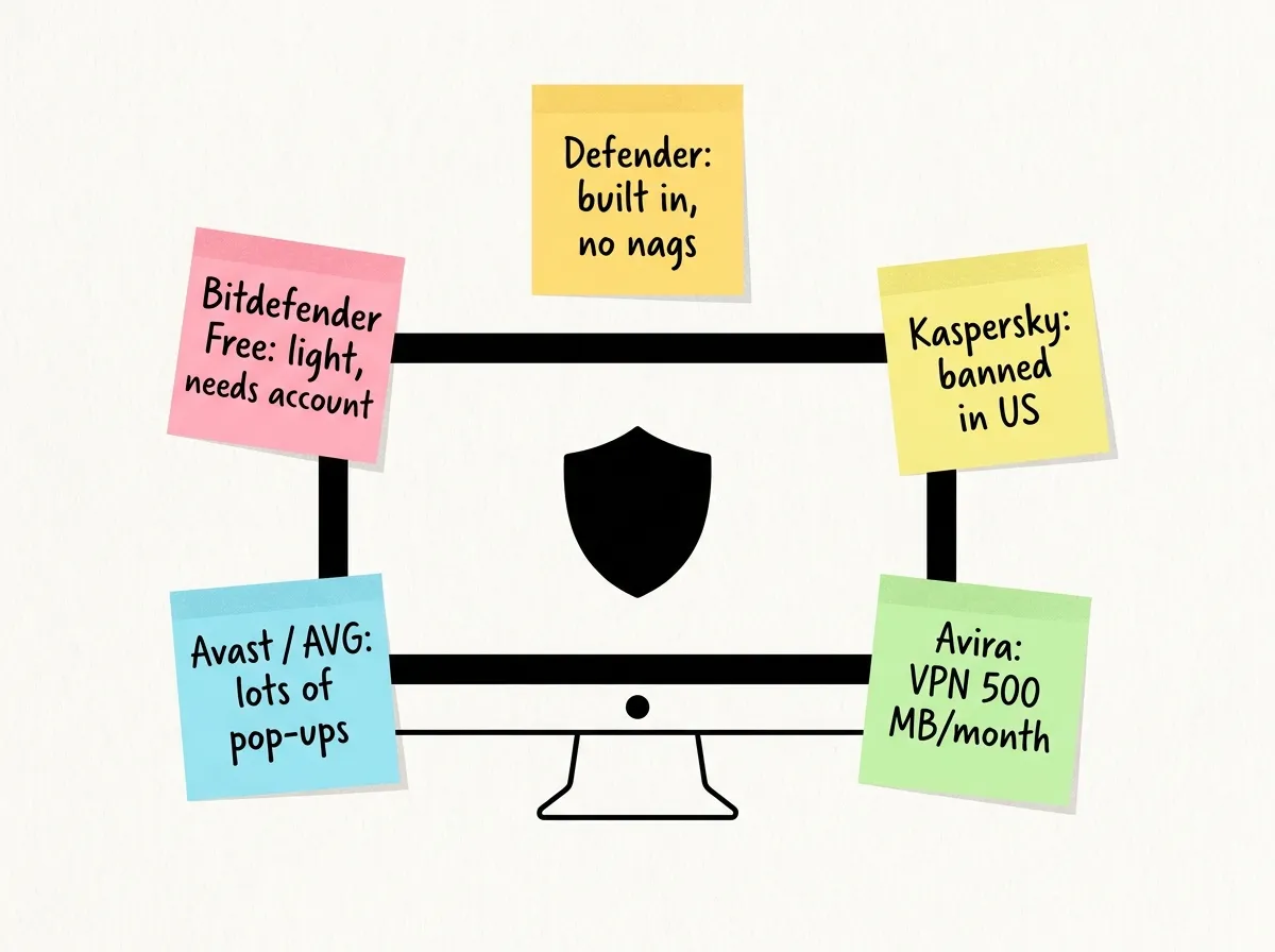 Hand-drawn style comparison of free antivirus options with pastel sticky notes listing pros and cons
